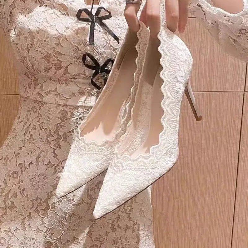 White Lace Pointed Stiletto Bridal Heels - Luzilly Bridal & Apparel