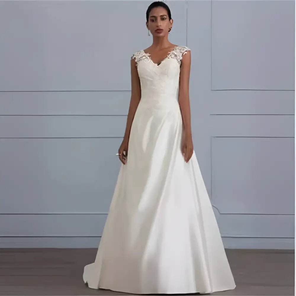 White Lace Satin A-Line Wedding Gown - Luzilly Bridal & Apparel
