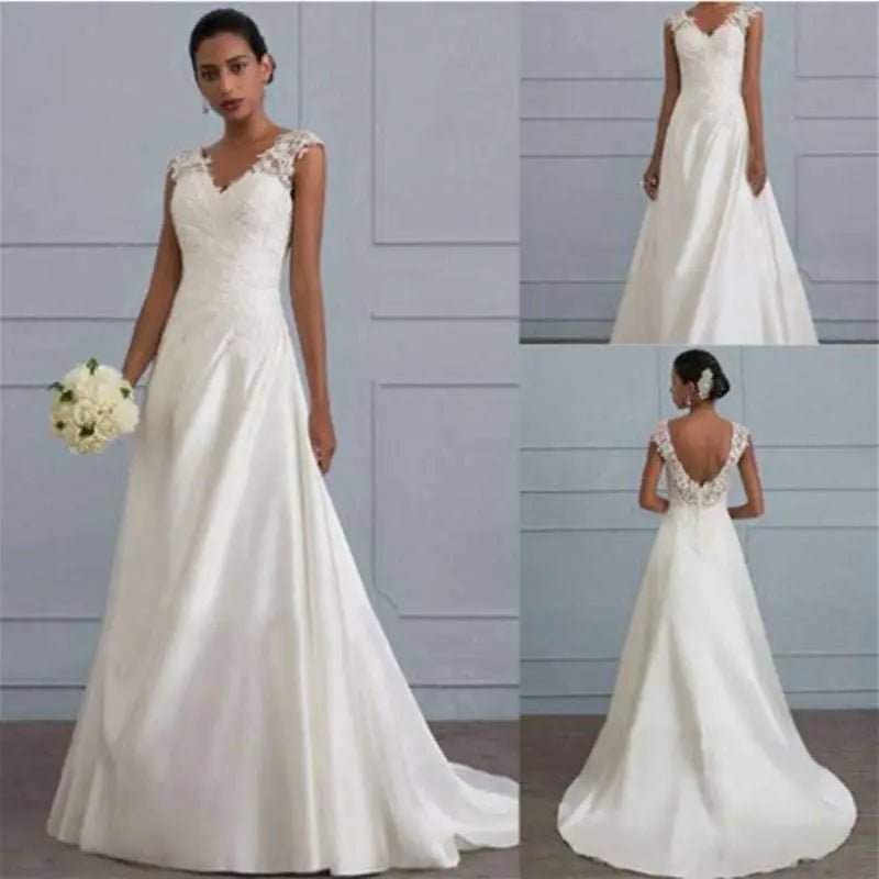White Lace Satin A-Line Wedding Gown - Luzilly Bridal & Apparel