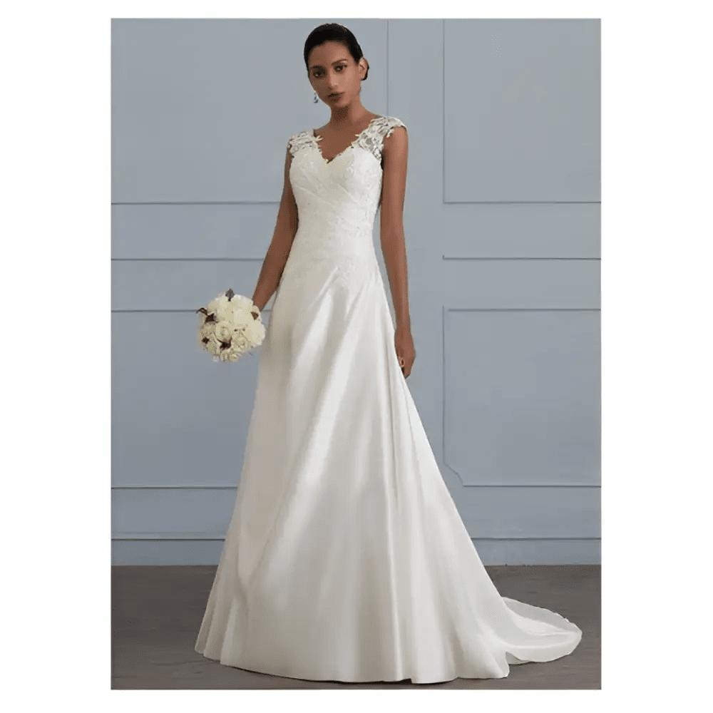 White Lace Satin A-Line Wedding Gown - Luzilly Bridal & Apparel