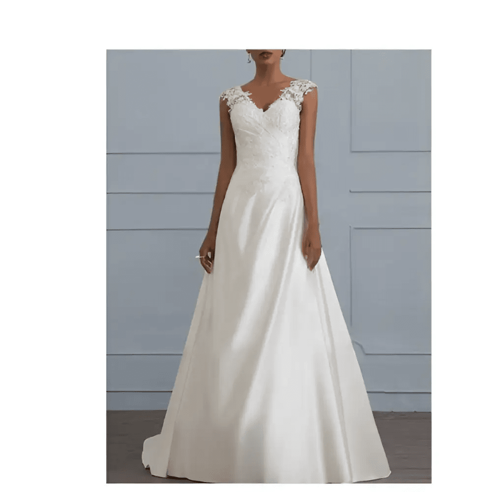 White Lace Satin A-Line Wedding Gown - Luzilly Bridal & Apparel