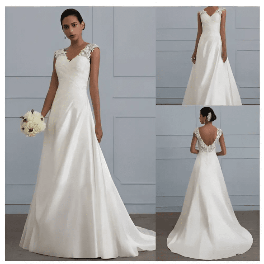 White Lace Satin A-Line Wedding Gown - Luzilly Bridal & Apparel