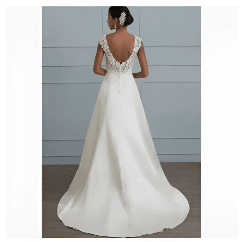 White Lace Satin A-Line Wedding Gown - Luzilly Bridal & Apparel
