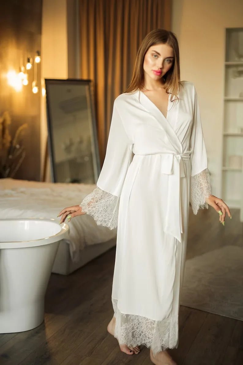 White Lace-Sleeve Kimono Bridal Robe - Luzilly Bridal & Apparel