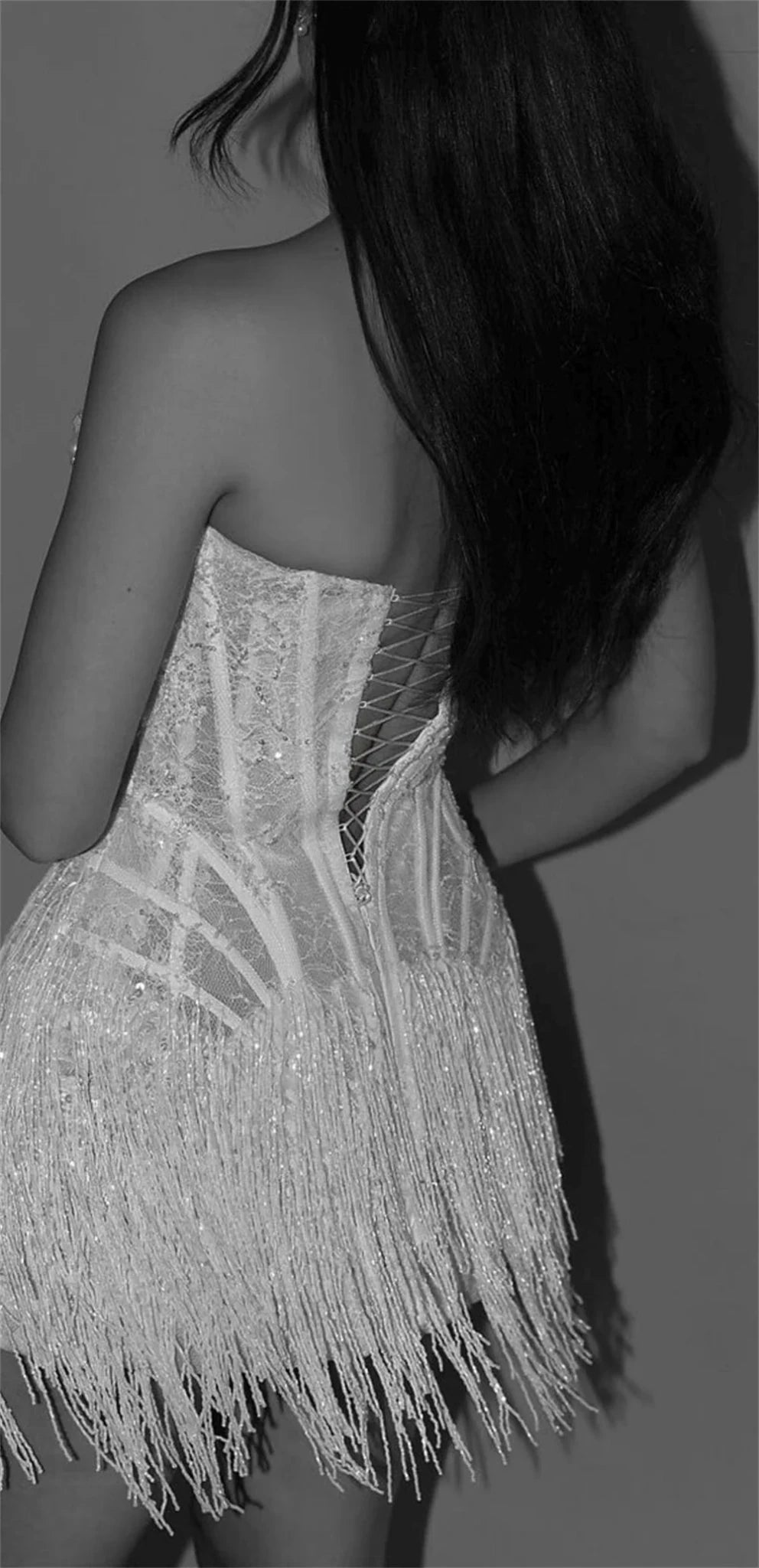 White Lace Tassel Strapless Mini Sheath Wedding Dress - Luzilly Bridal & Apparel
