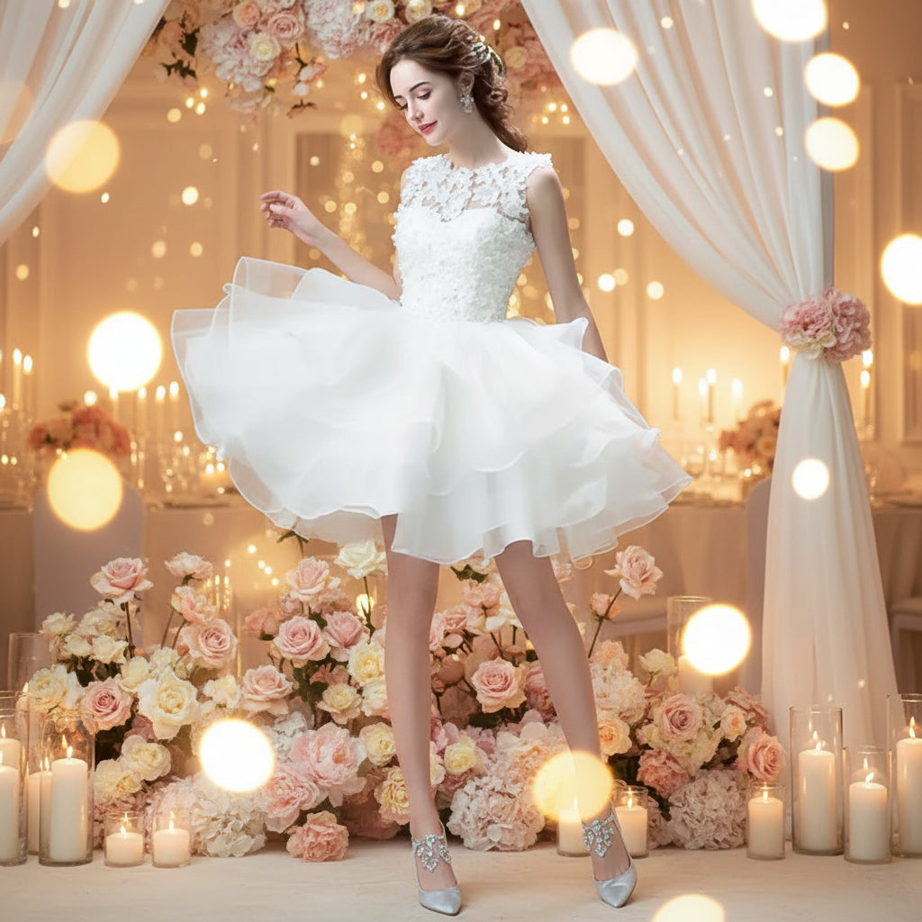 White Lace Tiered Short Wedding Dress with Beading - Luzilly Bridal & Apparel