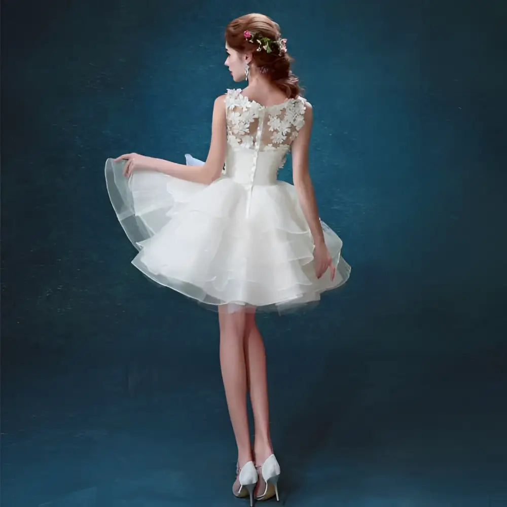 White Lace Tiered Short Wedding Dress with Beading