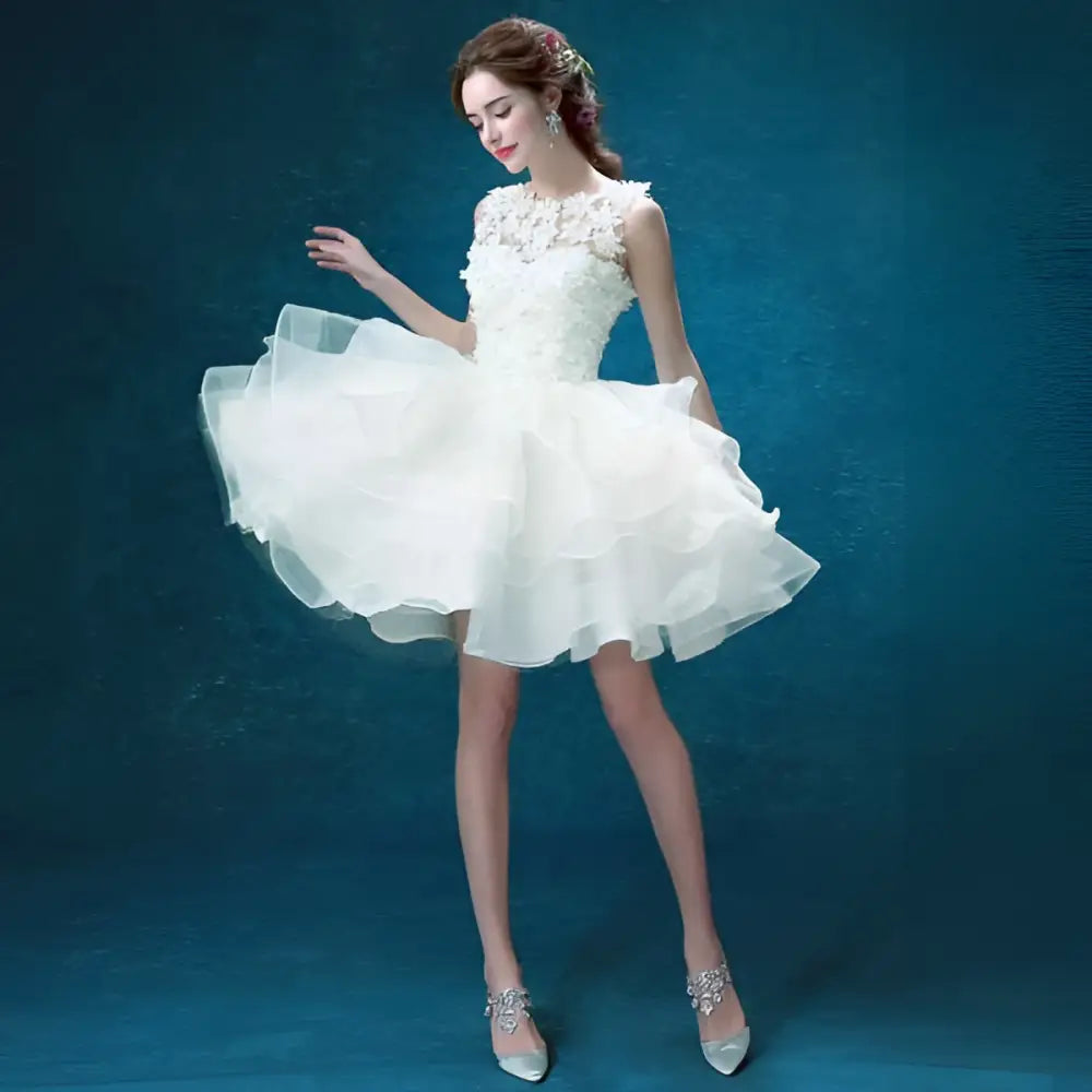 White Lace Tiered Short Wedding Dress with Beading