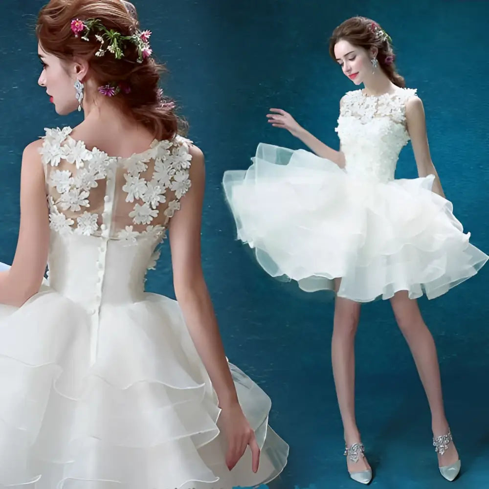 White Lace Tiered Short Wedding Dress with Beading