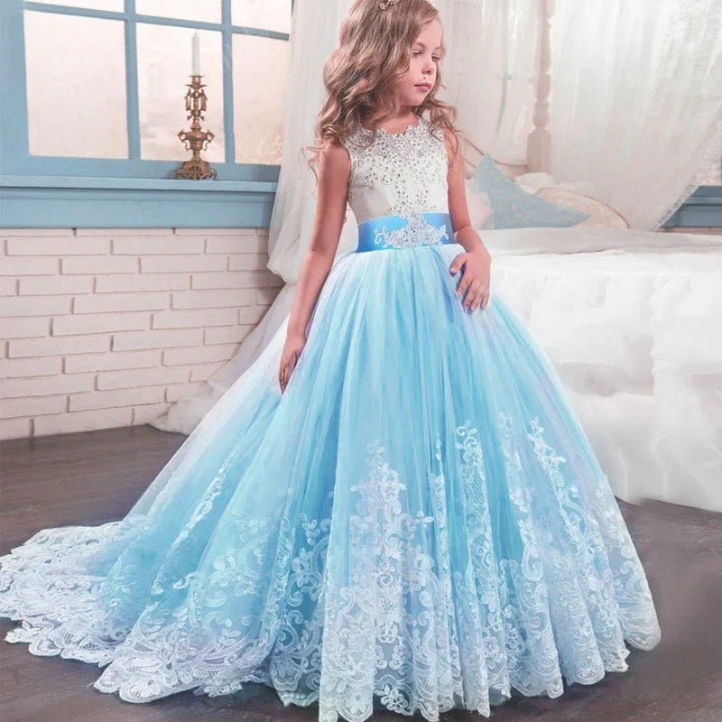 White Lace Trailing Flower Girl Communion Dress - Luzilly Bridal & Apparel