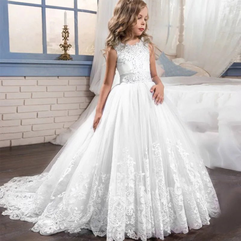 White Lace Trailing Flower Girl Communion Dress - Luzilly Bridal & Apparel