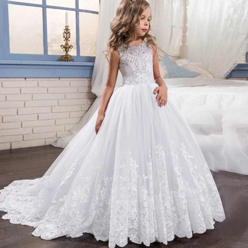 White Lace Trailing Flower Girl Communion Dress - Luzilly Bridal & Apparel