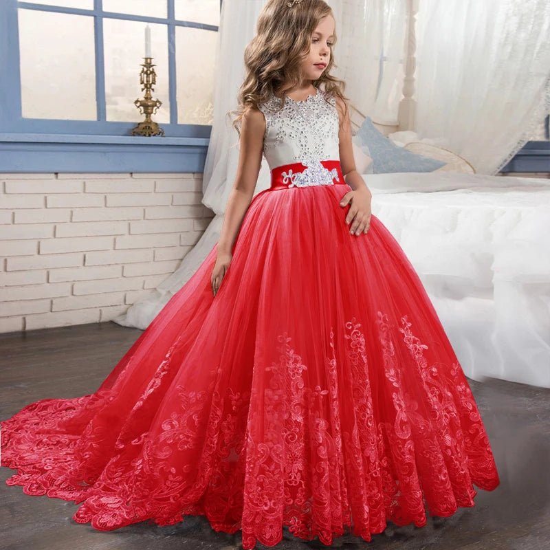White Lace Trailing Flower Girl Communion Dress - Luzilly Bridal & Apparel