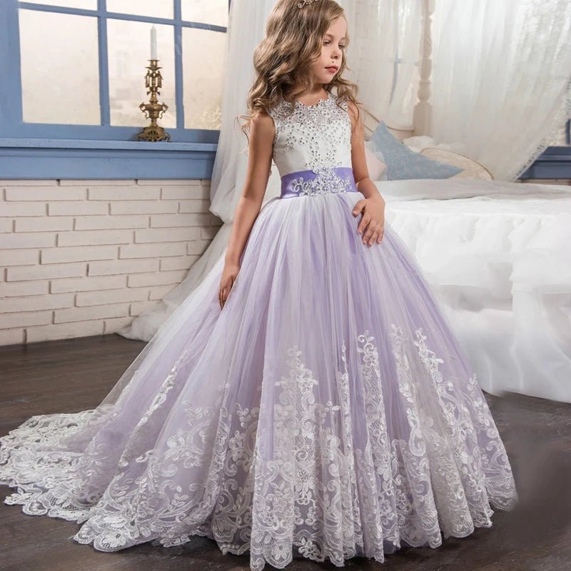 White Lace Trailing Flower Girl Communion Dress - Luzilly Bridal & Apparel
