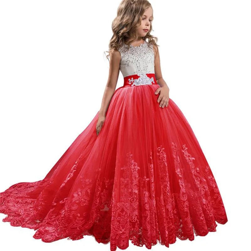 White Lace Trailing Flower Girl Communion Dress - Luzilly Bridal & Apparel