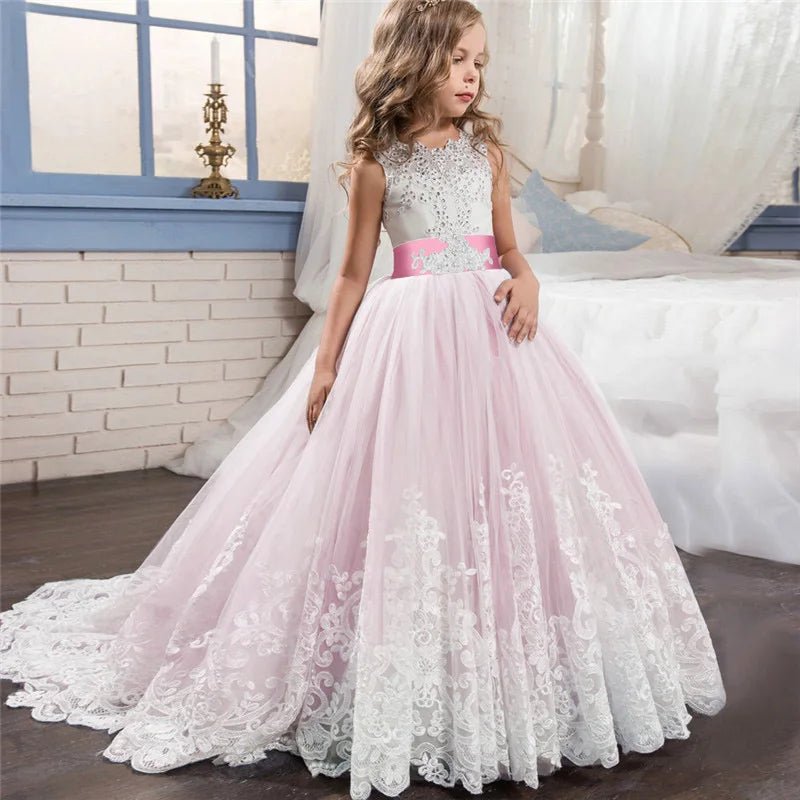 White Lace Trailing Flower Girl Communion Dress - Luzilly Bridal & Apparel