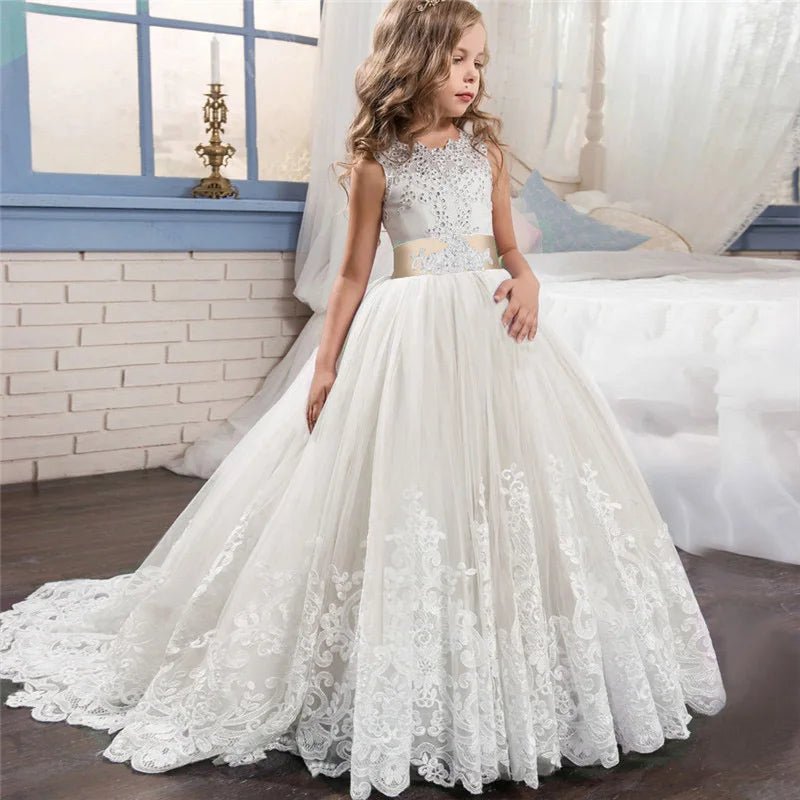 White Lace Trailing Flower Girl Communion Dress - Luzilly Bridal & Apparel