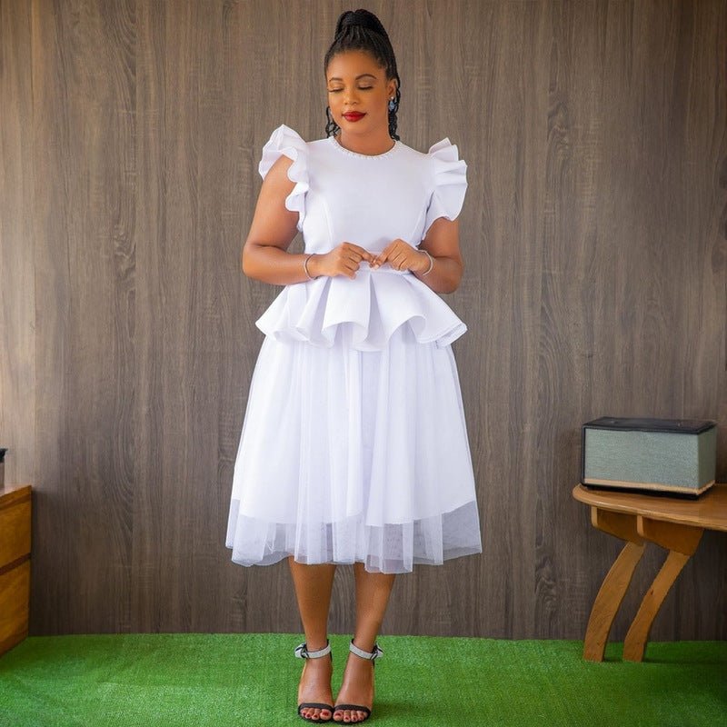 White Mesh Ruffle A-Line Midi Dress - Luzilly Bridal & Apparel