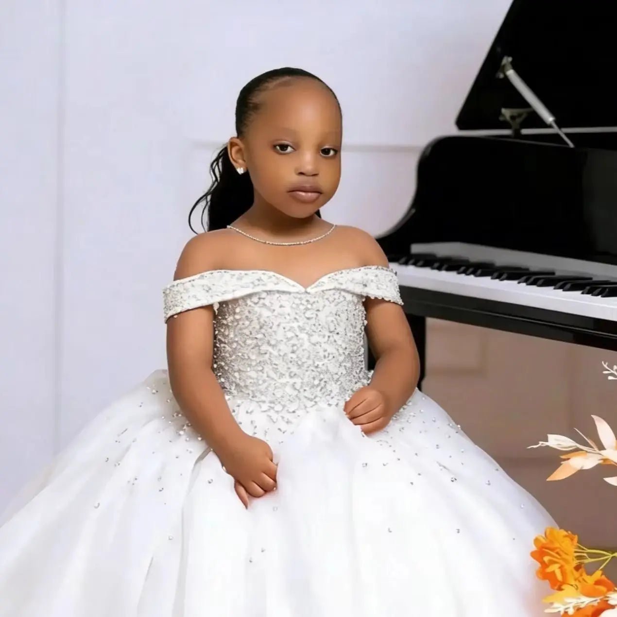 White Off-Shoulder Beaded Tulle Flower Girl Dress - Luzilly Bridal & Apparel