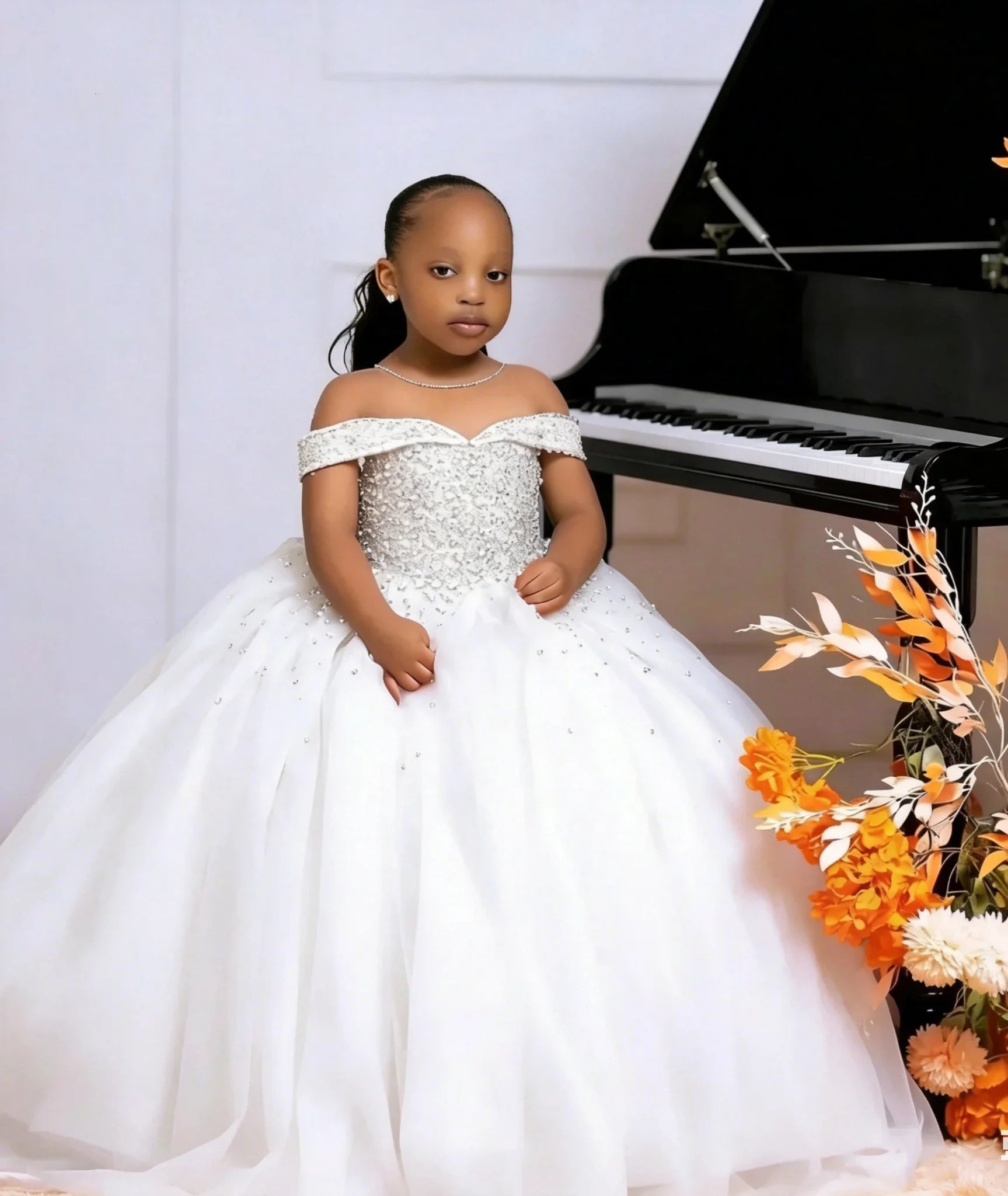 White Off-Shoulder Beaded Tulle Flower Girl Dress - Luzilly Bridal & Apparel