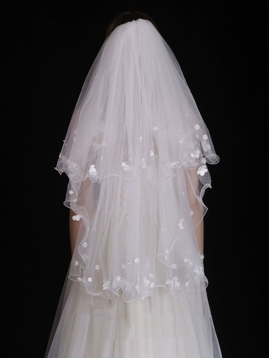 White Pearl Petals Double Layer Bridal Veil - Luzilly Bridal & Apparel