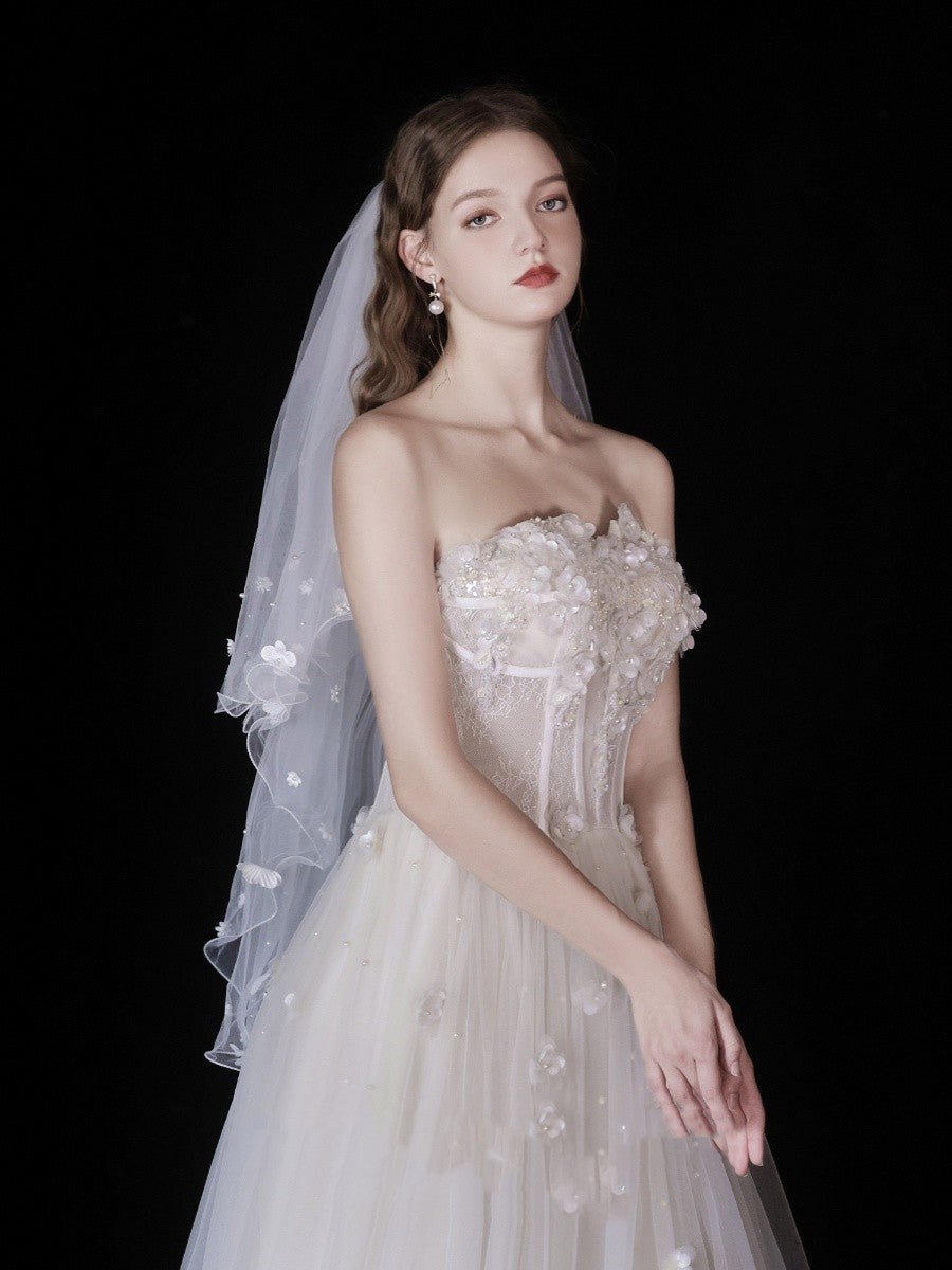 White Pearl Petals Double Layer Bridal Veil - Luzilly Bridal & Apparel