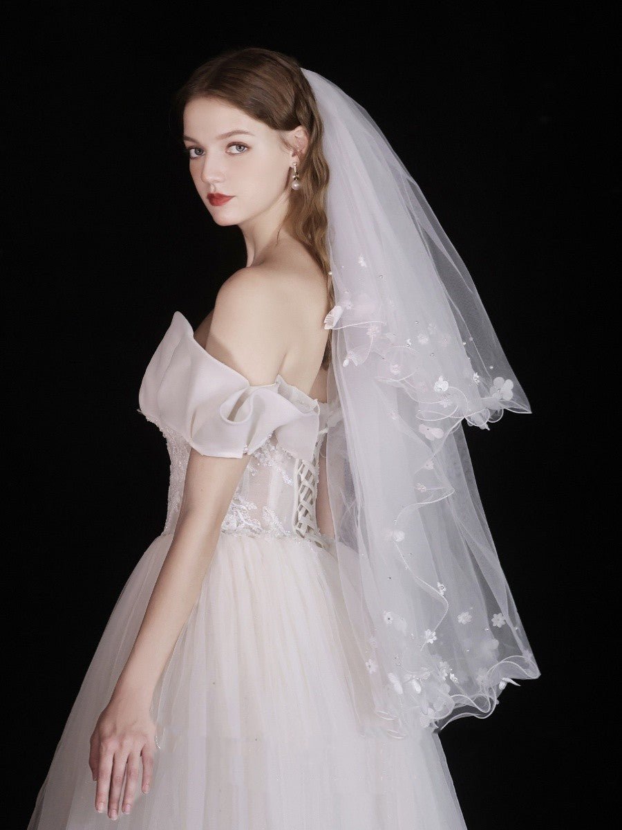 White Pearl Petals Double Layer Bridal Veil - Luzilly Bridal & Apparel