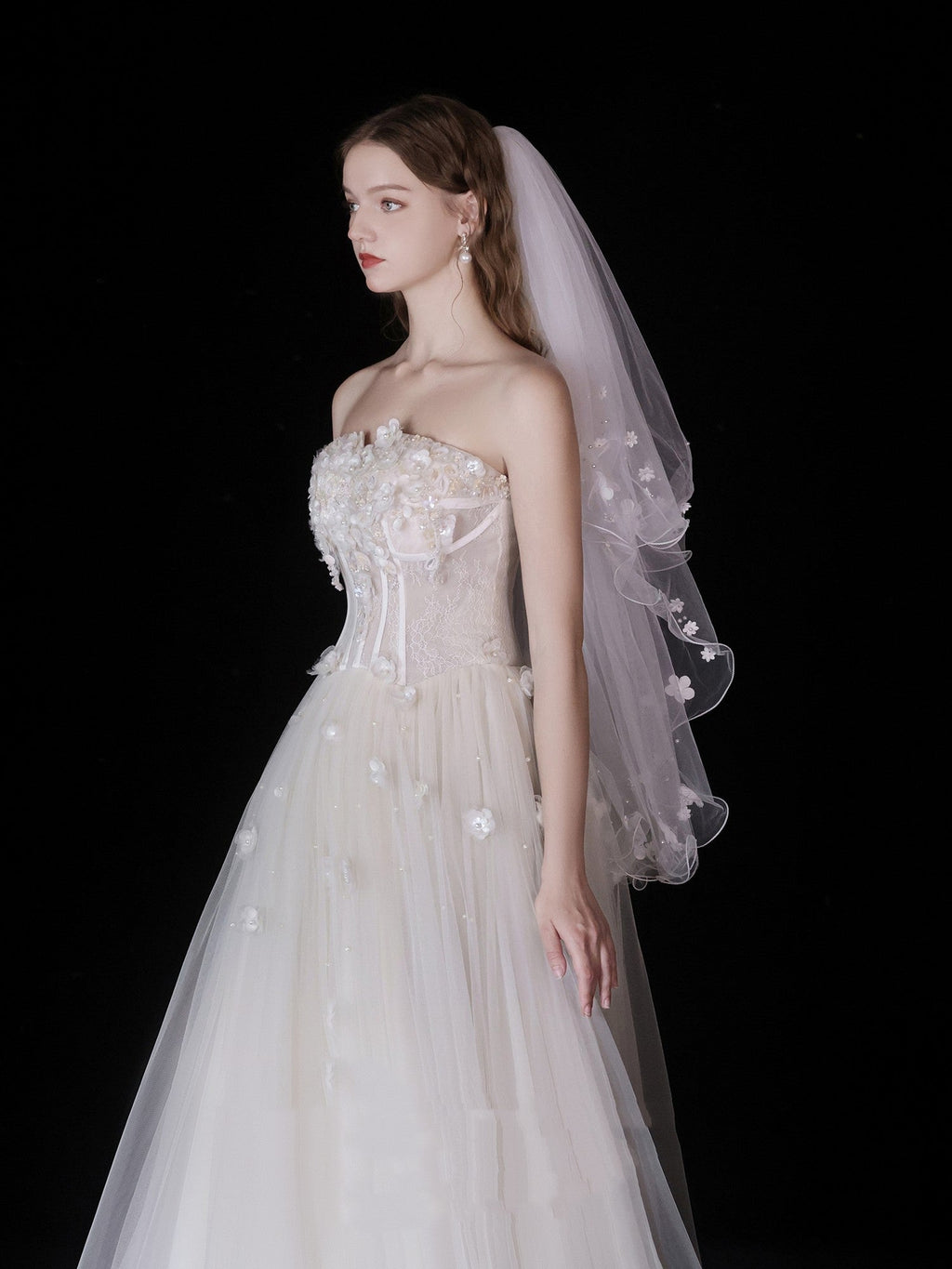 White Pearl Petals Double Layer Bridal Veil - Luzilly Bridal & Apparel