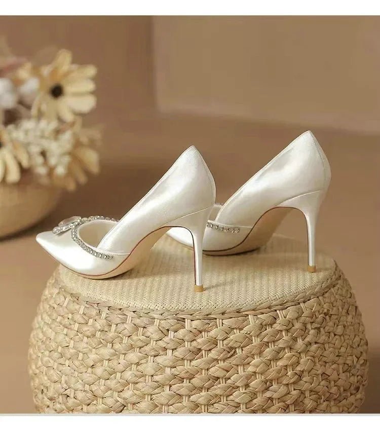 White Rhinestone Satin Gladiator Bridal Heels - Luzilly Bridal & Apparel