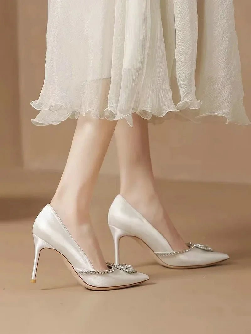 White Rhinestone Satin Gladiator Bridal Heels - Luzilly Bridal & Apparel