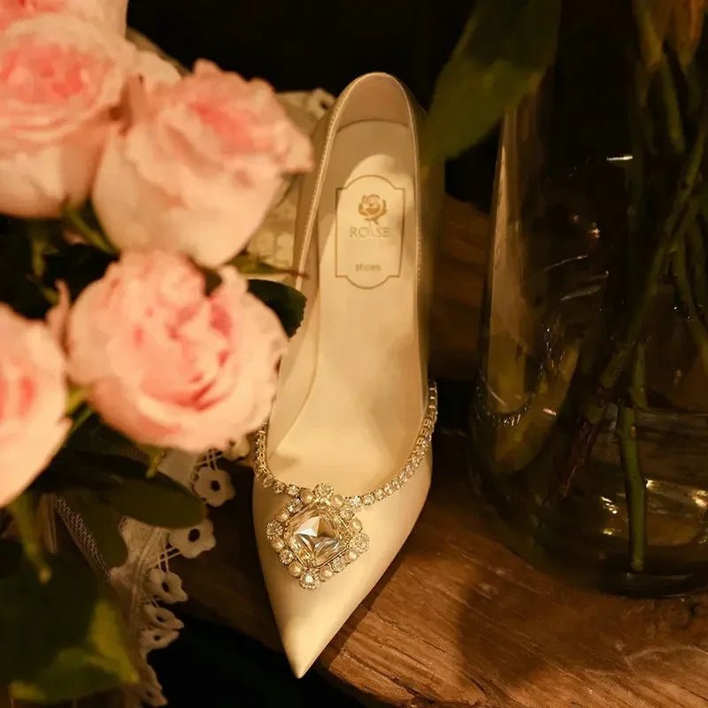 White Rhinestone Satin Gladiator Bridal Heels - Luzilly Bridal & Apparel