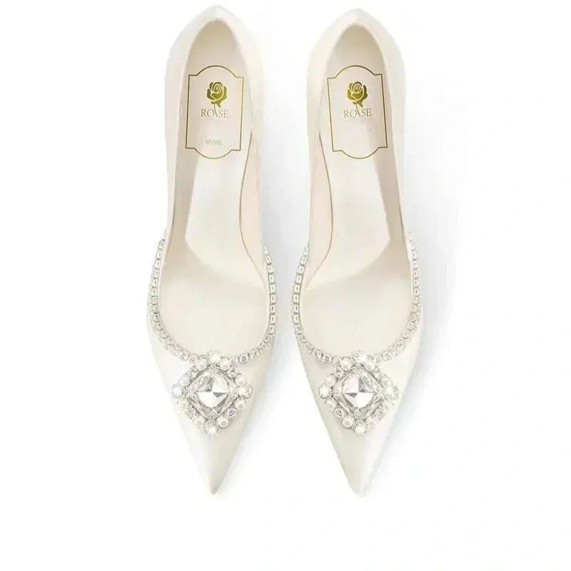 White Rhinestone Satin Gladiator Bridal Heels - Luzilly Bridal & Apparel