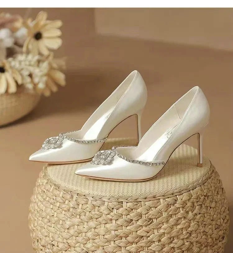 White Rhinestone Satin Gladiator Bridal Heels - Luzilly Bridal & Apparel