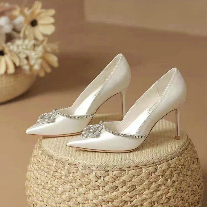 White Rhinestone Satin Gladiator Bridal Heels - Luzilly Bridal & Apparel