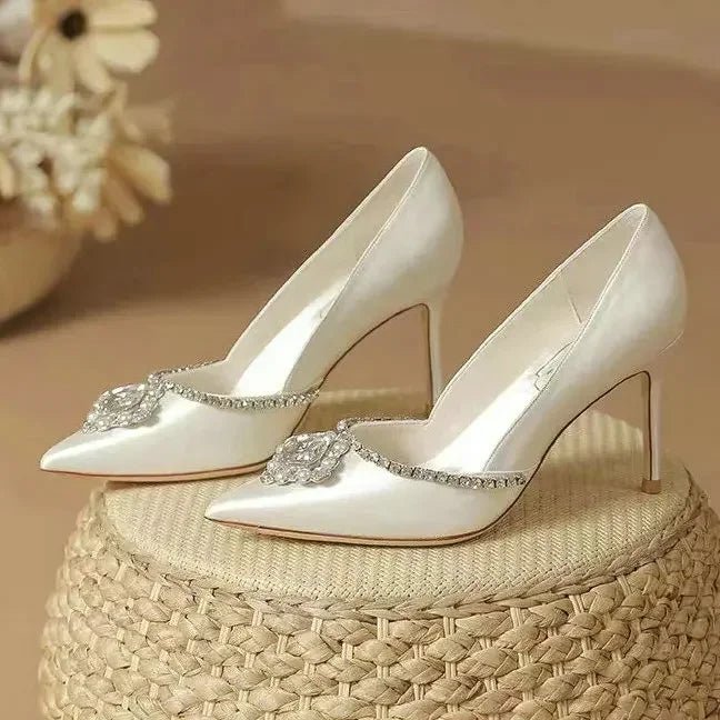White Rhinestone Satin Gladiator Bridal Heels - Luzilly Bridal & Apparel