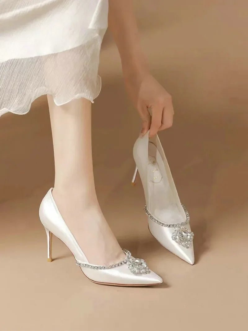 White Rhinestone Satin Gladiator Bridal Heels - Luzilly Bridal & Apparel