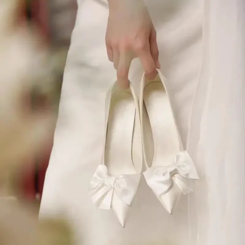 White Satin Bow Pointed-Toe Bridal Pumps - Luzilly Bridal & Apparel
