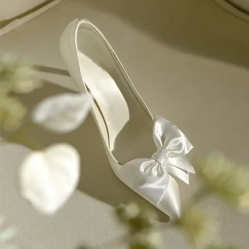 White Satin Bow Pointed-Toe Bridal Pumps - Luzilly Bridal & Apparel