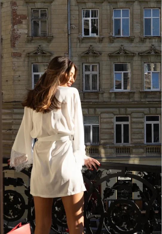 White Satin Bridal Robe with Lace Sleeves - Luzilly Bridal & Apparel