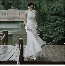 White Satin Embroidered Lace Backless Dress - Luzilly Bridal & Apparel