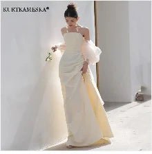 White Satin Embroidered Lace Backless Dress - Luzilly Bridal & Apparel