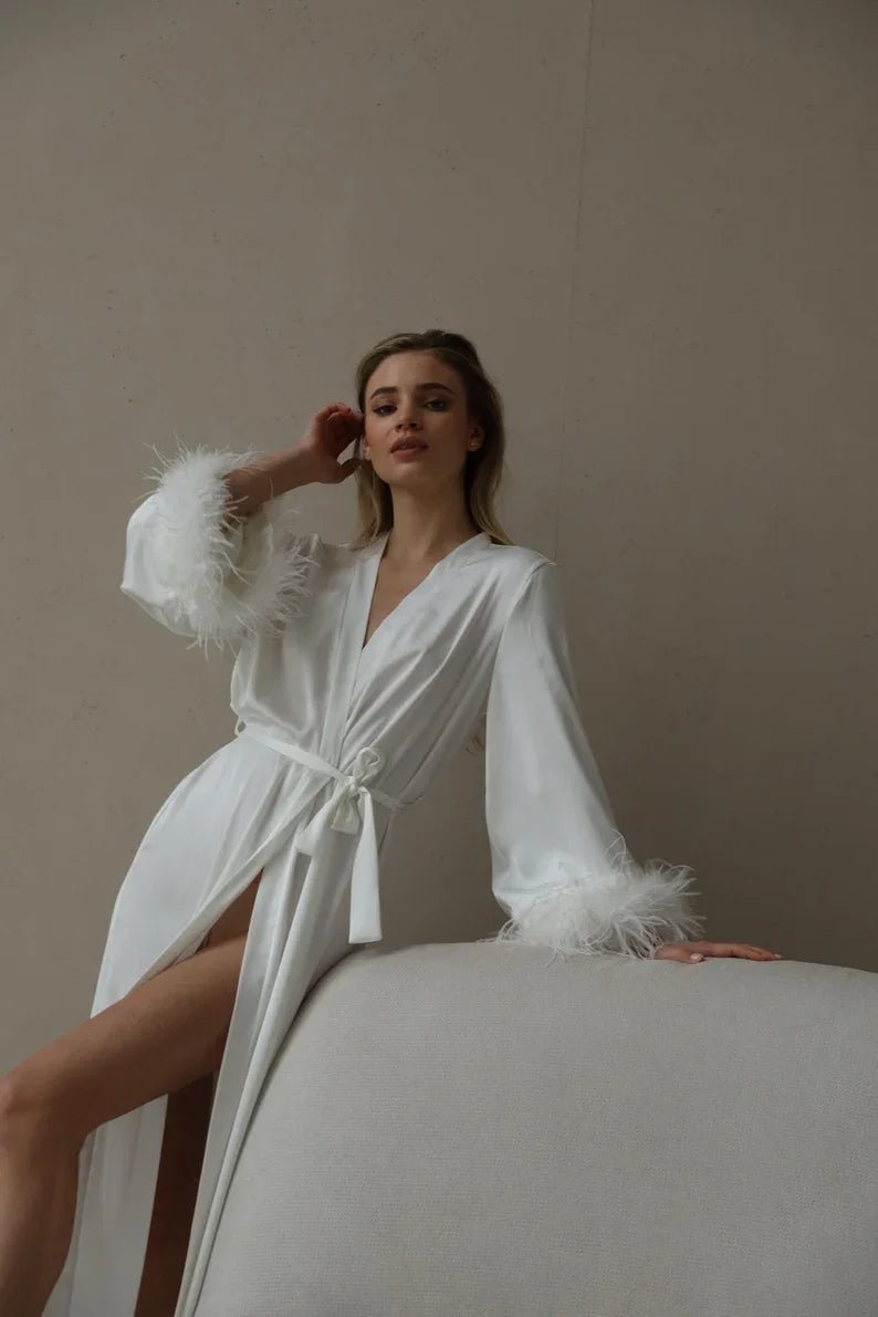 White Satin Feather-Sleeve Bridal Robe - Luzilly Bridal & Apparel
