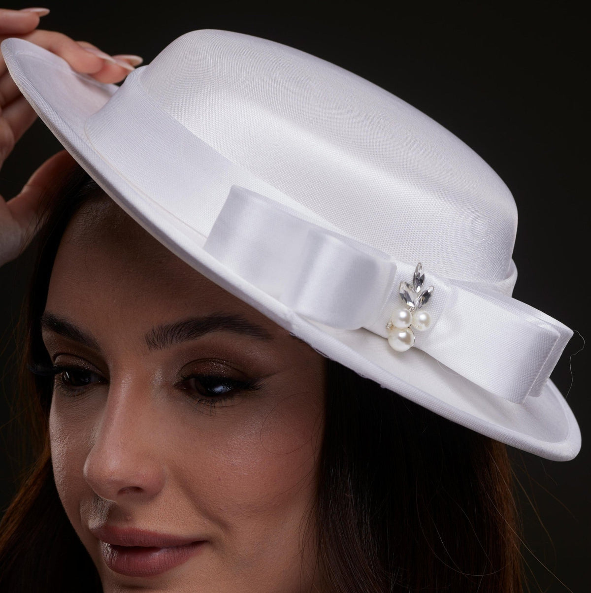 White Satin Hat with Bow and Pearls - Luzilly Bridal & Apparel