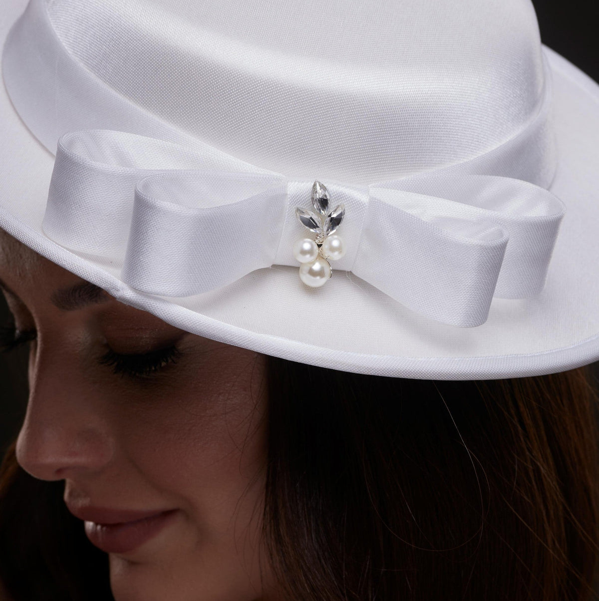 White Satin Hat with Bow and Pearls - Luzilly Bridal & Apparel