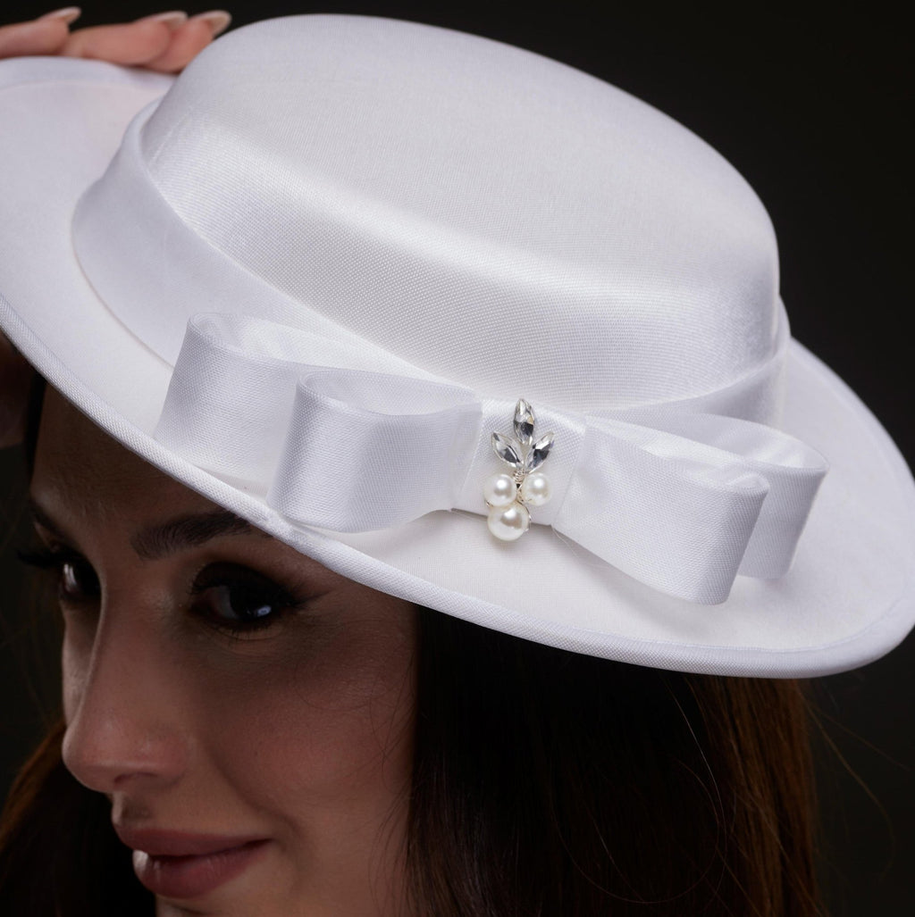 White Satin Hat with Bow and Pearls - Luzilly Bridal & Apparel