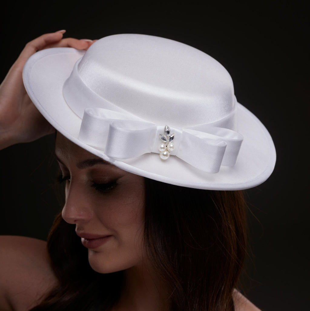 White Satin Hat with Bow and Pearls - Luzilly Bridal & Apparel