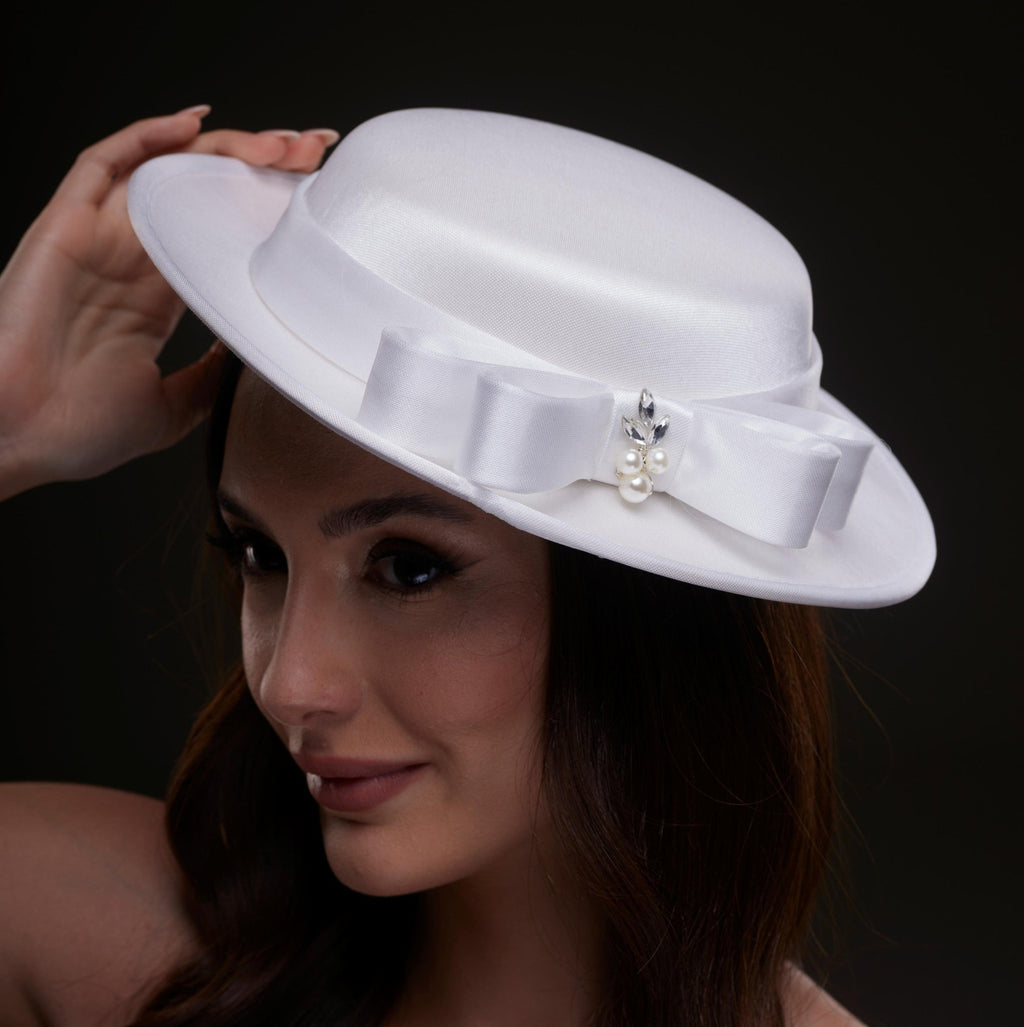 White Satin Hat with Bow and Pearls - Luzilly Bridal & Apparel
