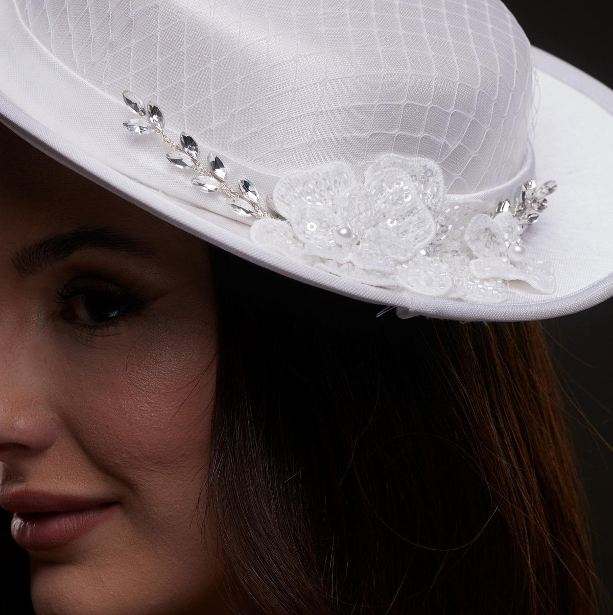 White Satin Hat with Lace Flowers & Crystal Leaves - Luzilly Bridal & Apparel