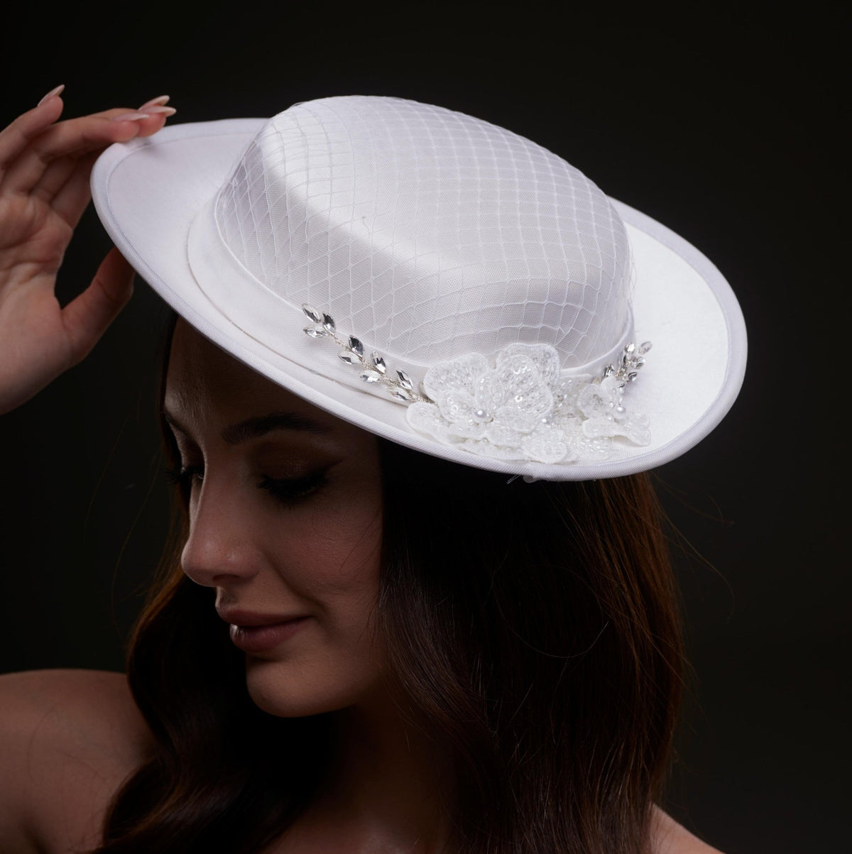 White Satin Hat with Lace Flowers & Crystal Leaves - Luzilly Bridal & Apparel