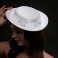 White Satin Hat with Lace Flowers & Crystal Leaves - Luzilly Bridal & Apparel